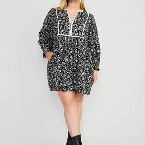 Retro Boho Antique Floral Mini Swing Dress with Puff / Balloon Sleeves - NWT